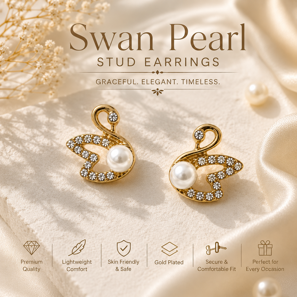 Elegant Swan Pearl Stud Earrings – Gold Plated Crystal & Pearl Fashion Earrings for Women