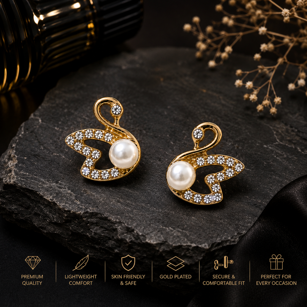 Elegant Swan Pearl Stud Earrings – Gold Plated Crystal & Pearl Fashion Earrings for Women