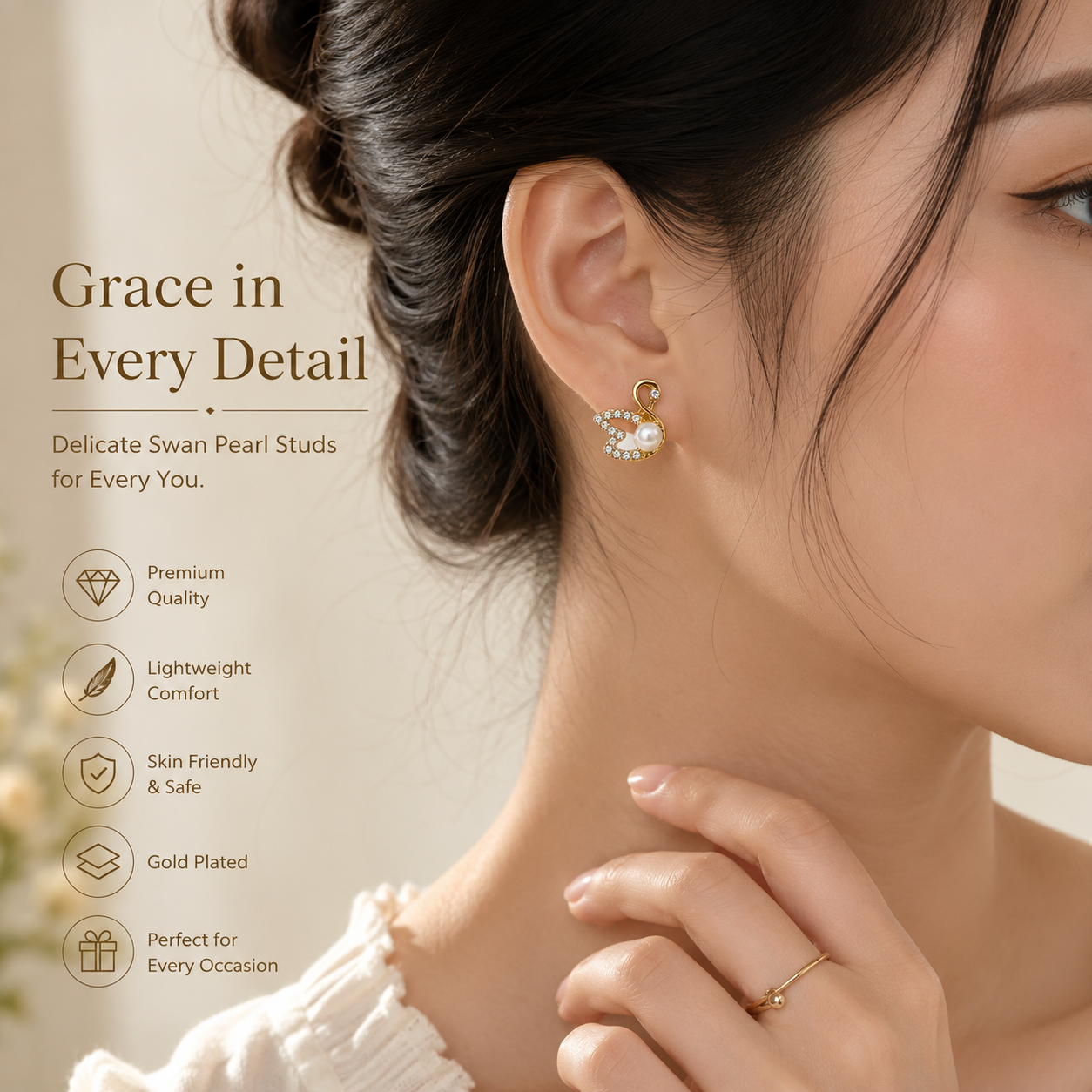 Elegant Swan Pearl Stud Earrings – Gold Plated Crystal & Pearl Fashion Earrings for Women