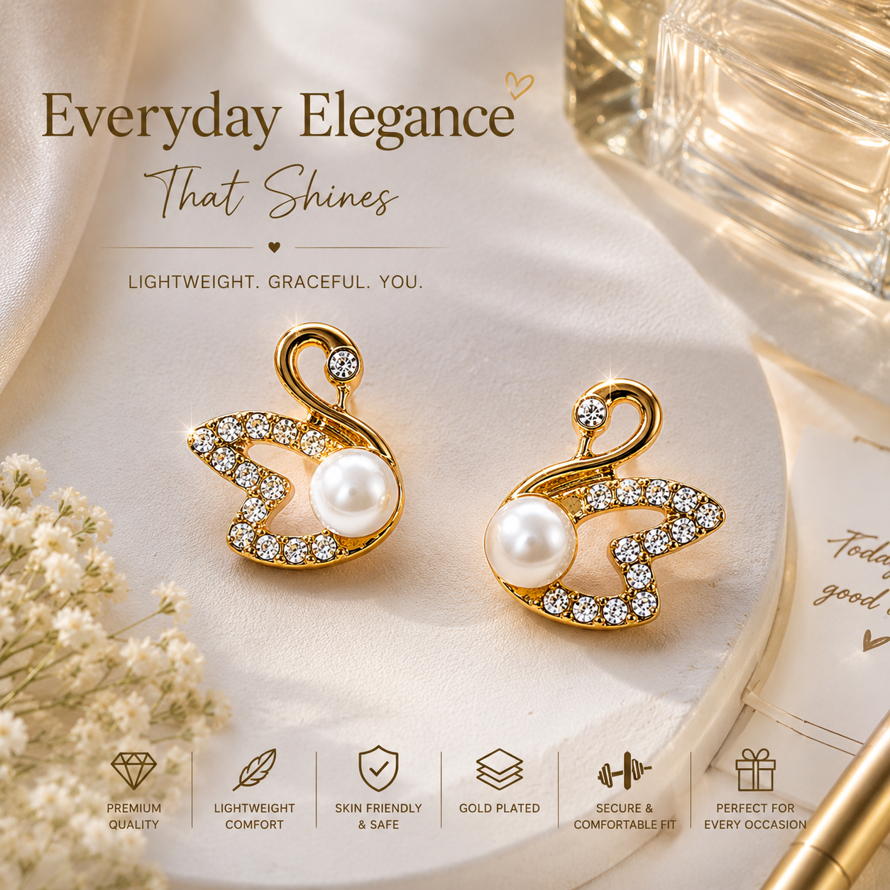 Elegant Swan Pearl Stud Earrings – Gold Plated Crystal & Pearl Fashion Earrings for Women