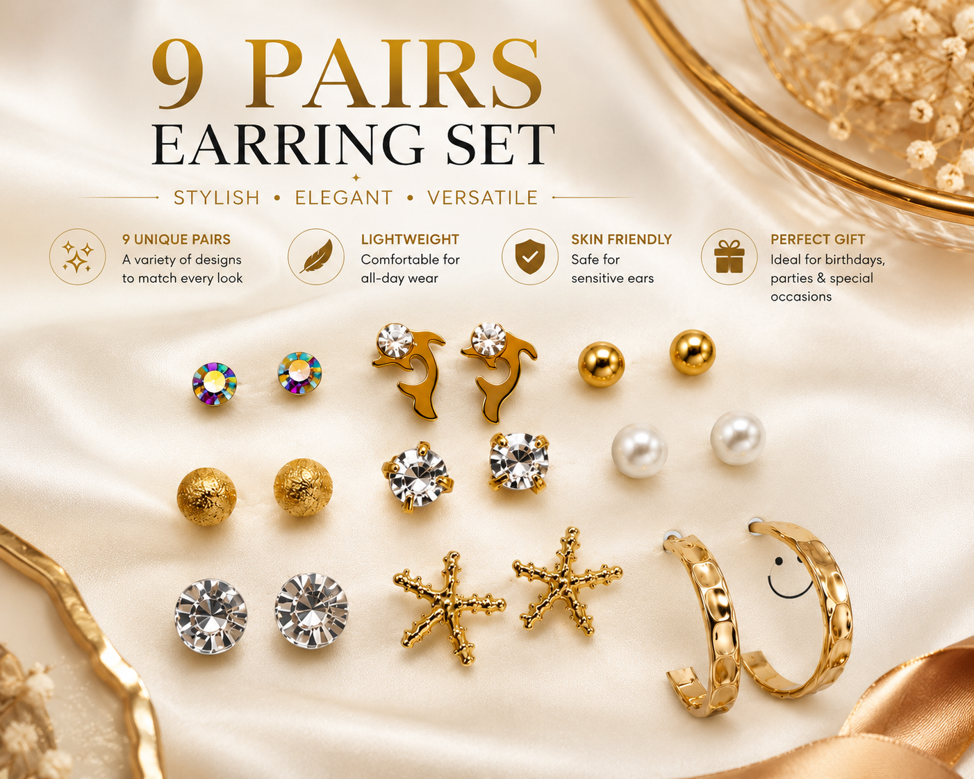 9 Pairs Gold Plated Earrings Set for Women & Girls | Pearl, Crystal Stud, Hoop & Designer Earrings Combo Pack