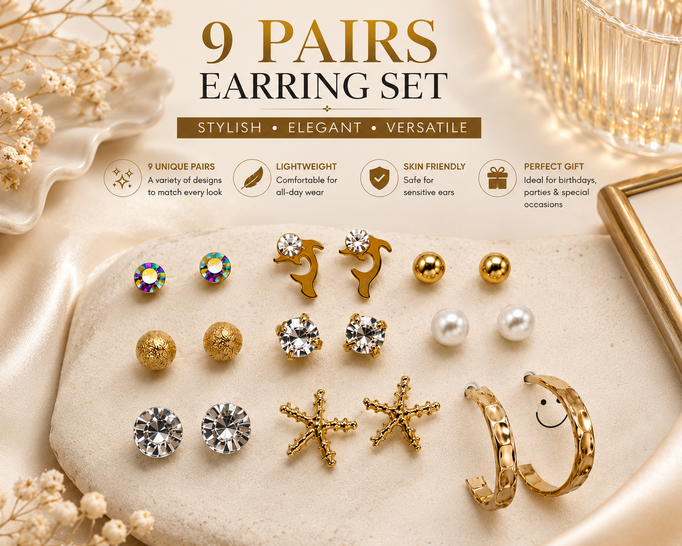 9 Pairs Gold Plated Earrings Set for Women & Girls | Pearl, Crystal Stud, Hoop & Designer Earrings Combo Pack