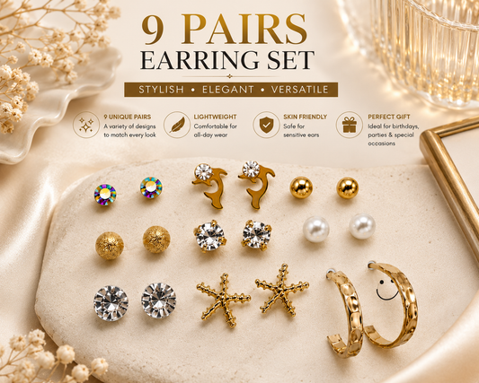 9 Pairs Gold Plated Earrings Set for Women & Girls | Pearl, Crystal Stud, Hoop & Designer Earrings Combo Pack