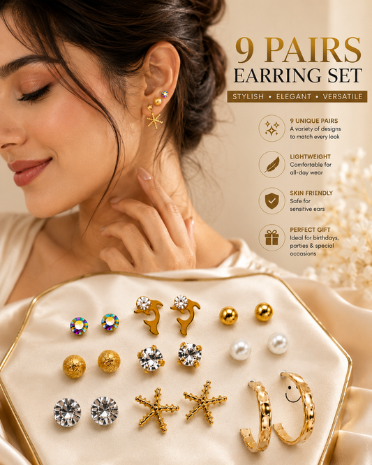 9 Pairs Gold Plated Earrings Set for Women & Girls | Pearl, Crystal Stud, Hoop & Designer Earrings Combo Pack