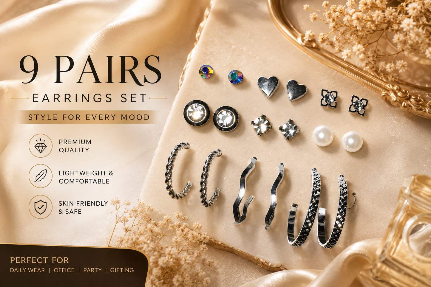 9 Pairs Silver-Tone Earrings Set for Women – Stud, Pearl & Hoop Combo Collection | Trendy Everyday Fashion Jewelry