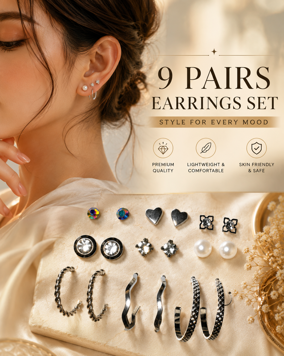 9 Pairs Silver-Tone Earrings Set for Women – Stud, Pearl & Hoop Combo Collection | Trendy Everyday Fashion Jewelry