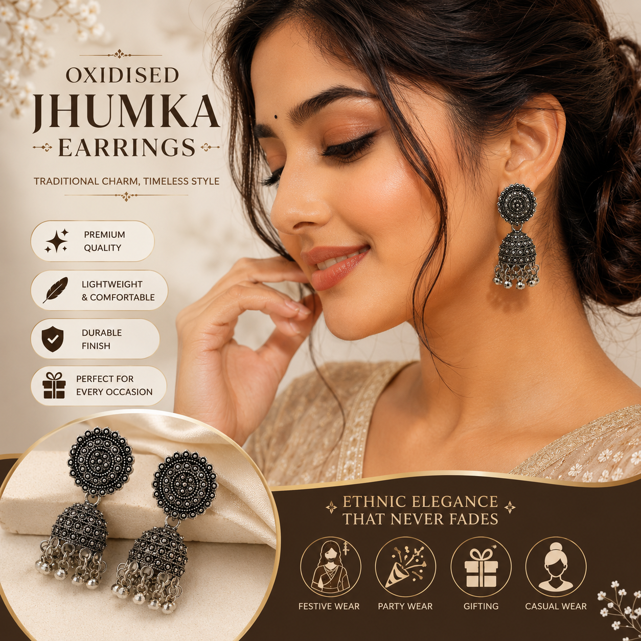 Vintage Oxidised Silver Jhumka Earrings for Women | Traditional Ethnic Statement Drop Earrings