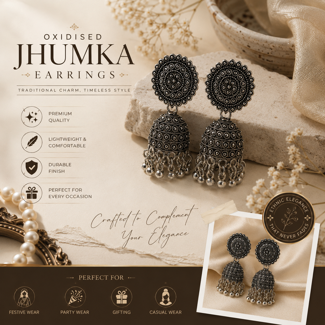 Vintage Oxidised Silver Jhumka Earrings for Women | Traditional Ethnic Statement Drop Earrings