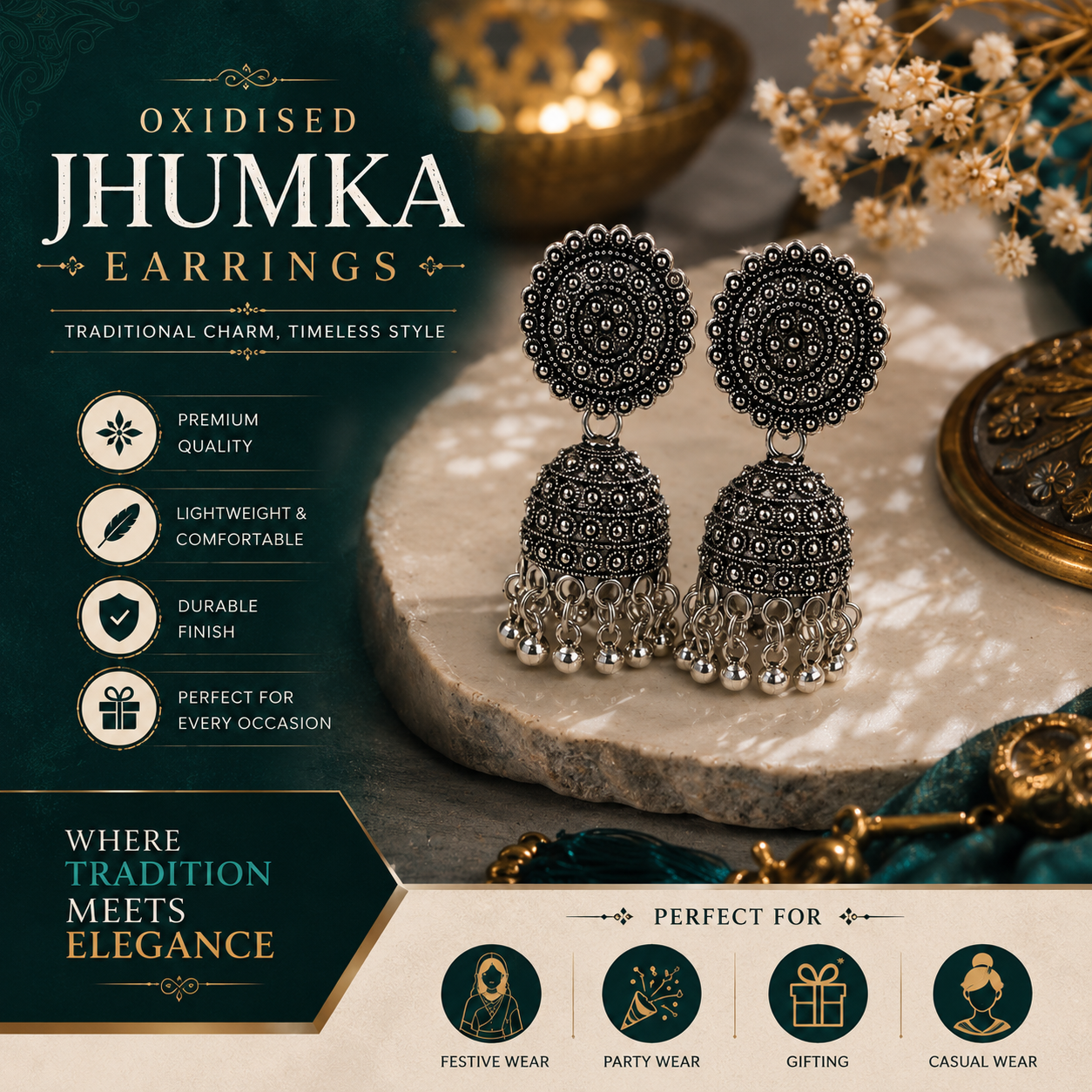 Vintage Oxidised Silver Jhumka Earrings for Women | Traditional Ethnic Statement Drop Earrings