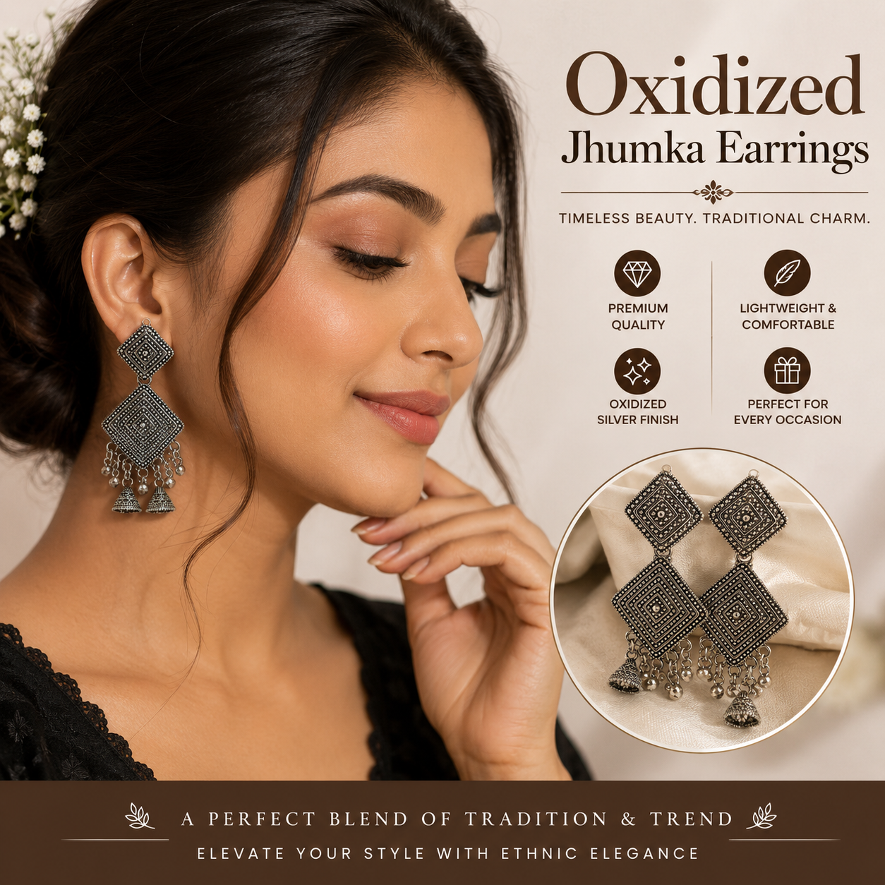 Vintage Oxidized Silver Geometric Jhumka Earrings for Women | Ethnic Statement Drop Earrings
