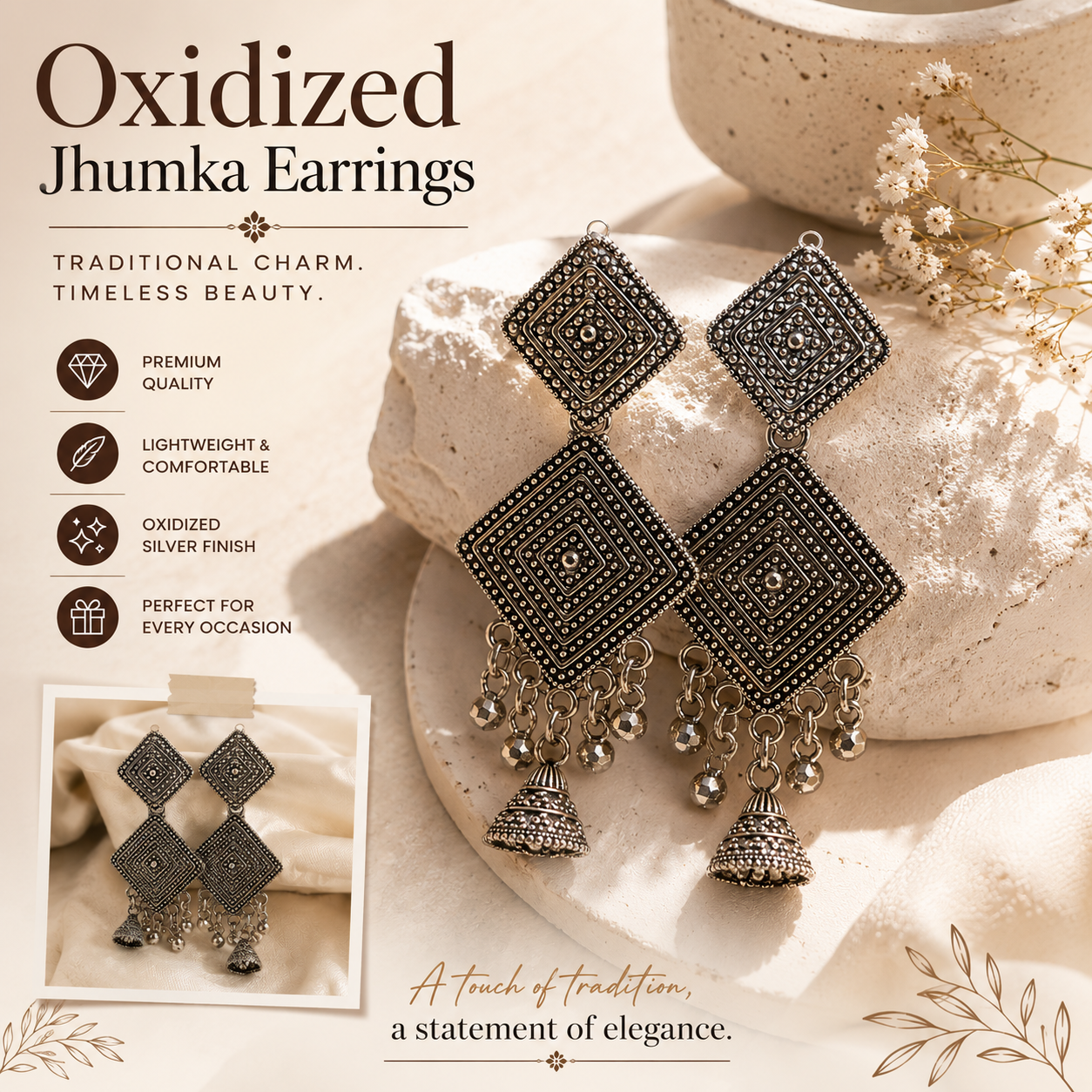 Vintage Oxidized Silver Geometric Jhumka Earrings for Women | Ethnic Statement Drop Earrings