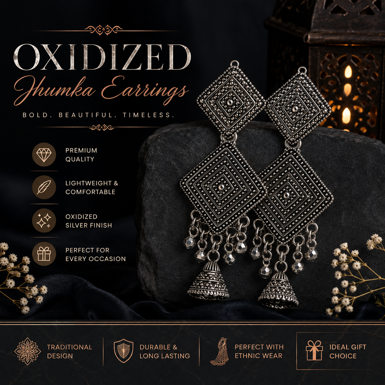 Vintage Oxidized Silver Geometric Jhumka Earrings for Women | Ethnic Statement Drop Earrings
