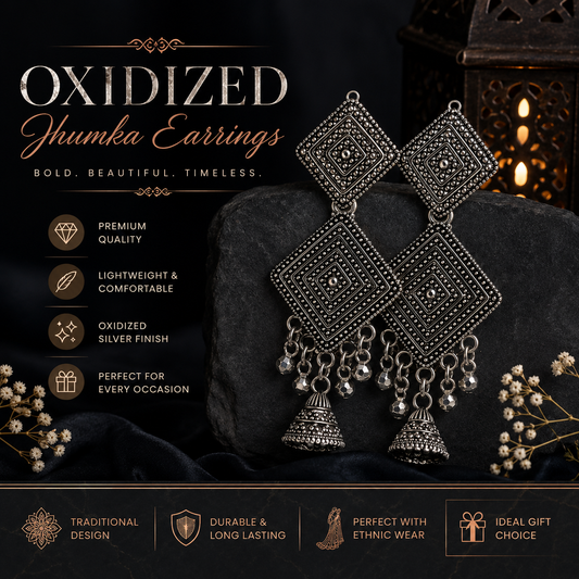 Vintage Oxidized Silver Geometric Jhumka Earrings for Women | Ethnic Statement Drop Earrings