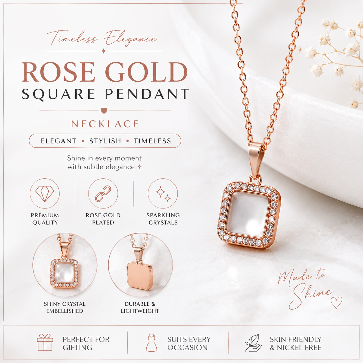 Rose Gold Crystal Square Pendant Necklace for Women – Elegant Everyday Jewelry