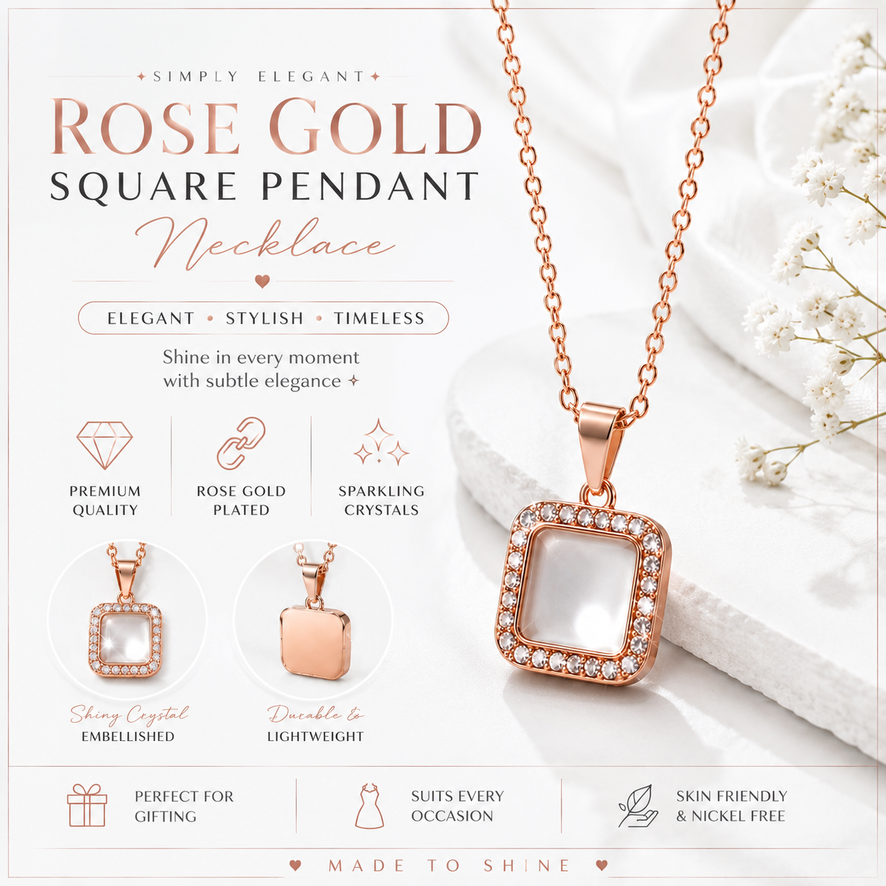 Rose Gold Crystal Square Pendant Necklace for Women – Elegant Everyday Jewelry