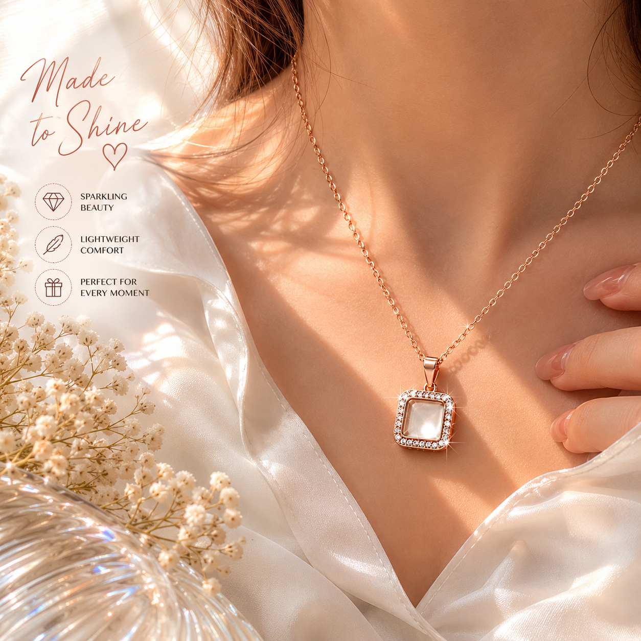 Rose Gold Crystal Square Pendant Necklace for Women – Elegant Everyday Jewelry