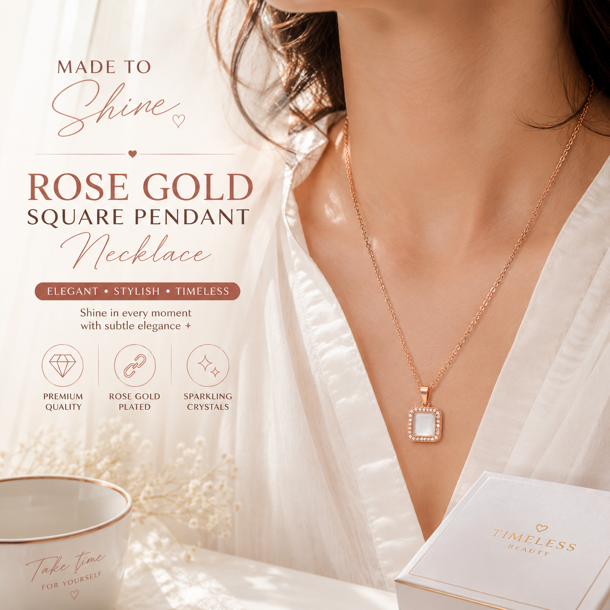 Rose Gold Crystal Square Pendant Necklace for Women – Elegant Everyday Jewelry