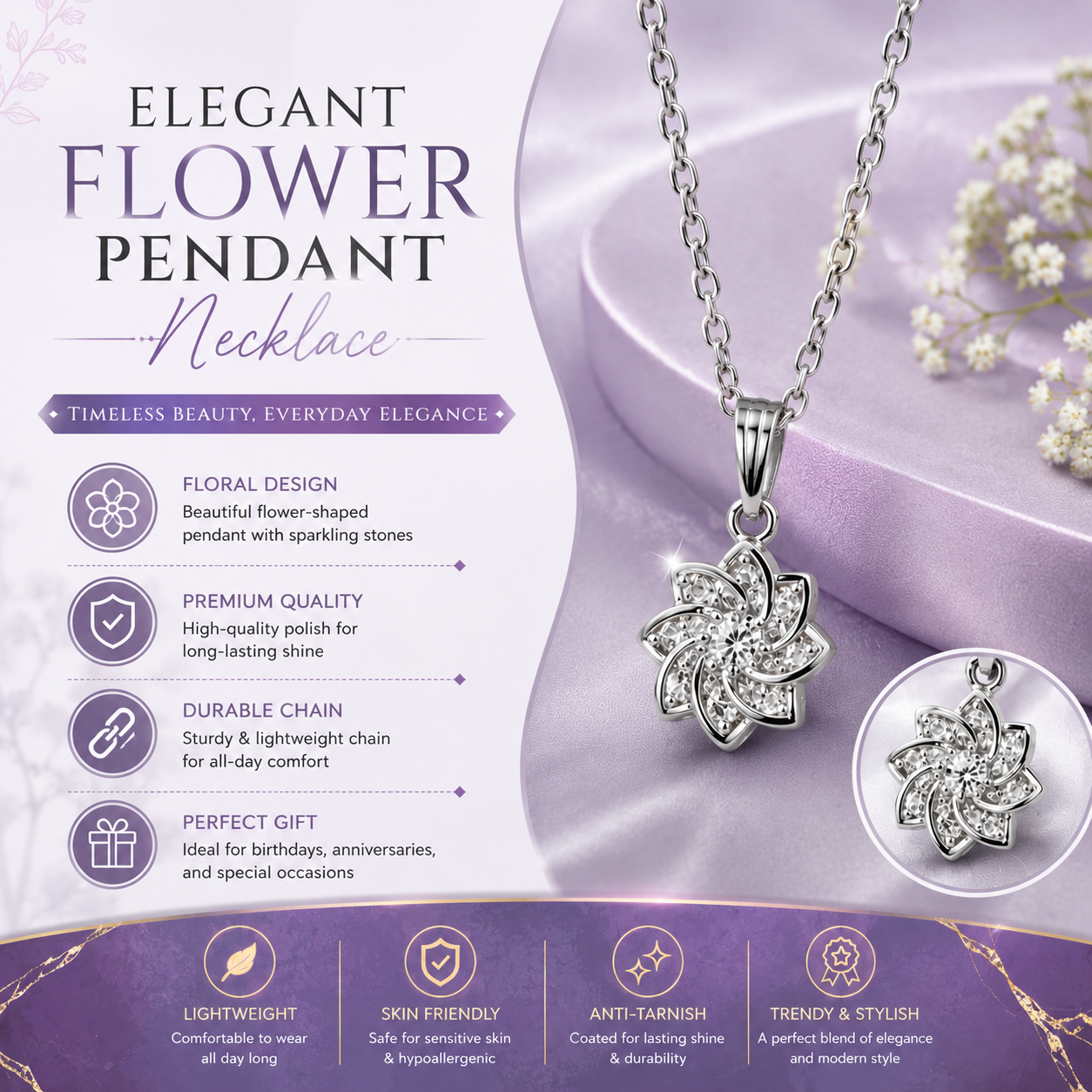 Bloom Crystal Flower Pendant Necklace – Elegant Silver-Tone Jewelry for Women