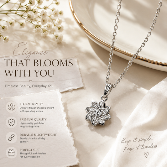Bloom Crystal Flower Pendant Necklace – Elegant Silver-Tone Jewelry for Women