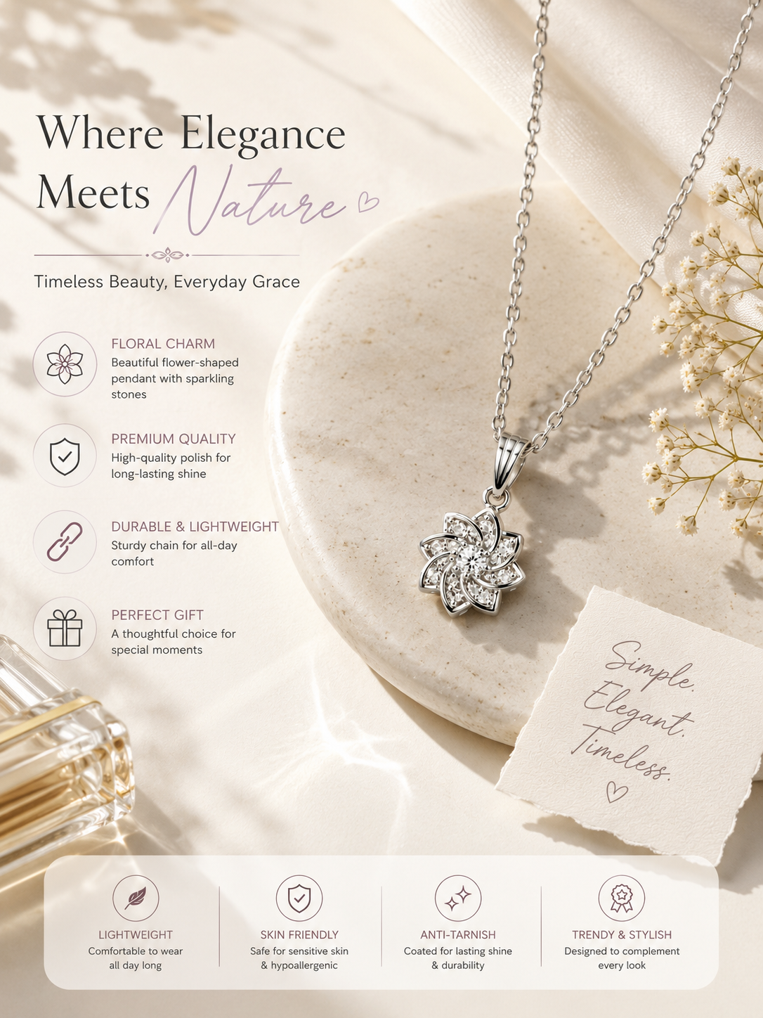 Bloom Crystal Flower Pendant Necklace – Elegant Silver-Tone Jewelry for Women
