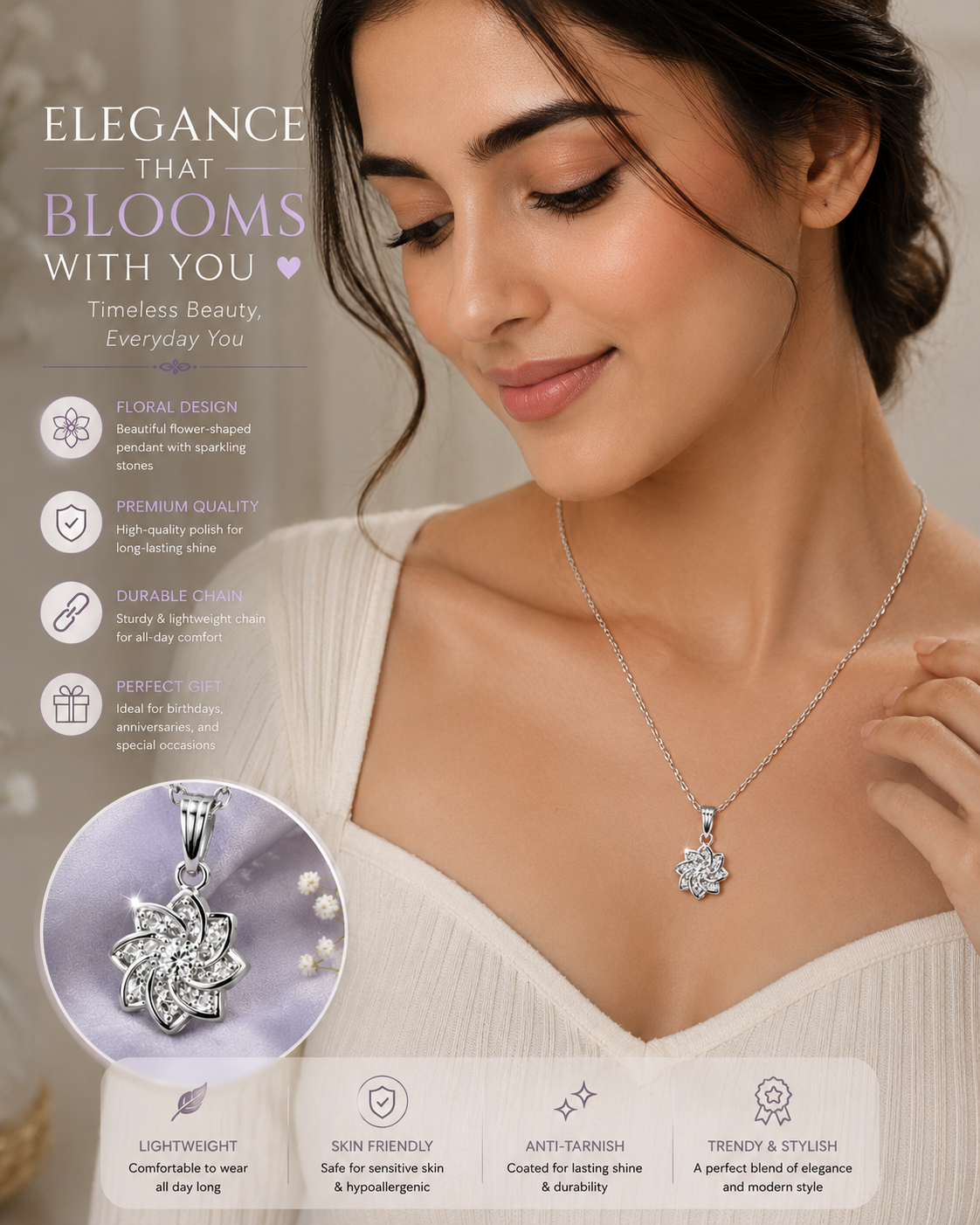 Bloom Crystal Flower Pendant Necklace – Elegant Silver-Tone Jewelry for Women