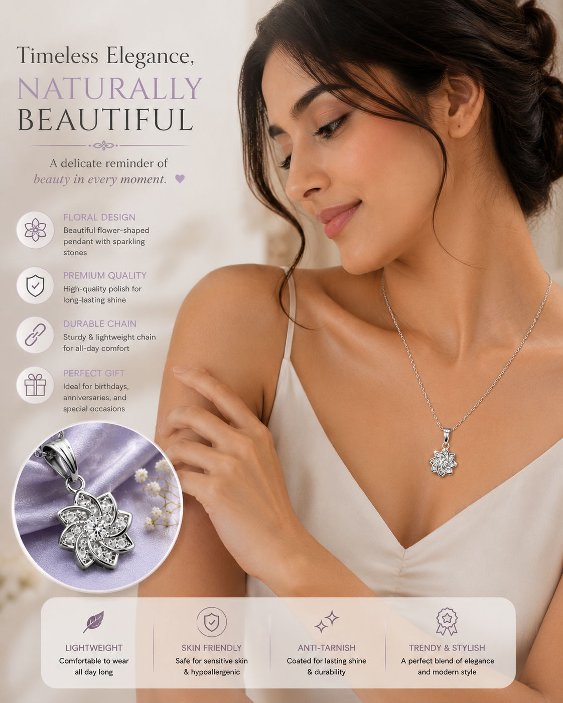 Bloom Crystal Flower Pendant Necklace – Elegant Silver-Tone Jewelry for Women
