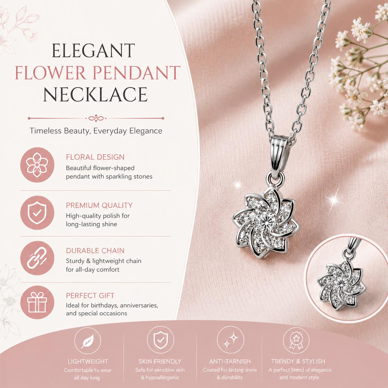 Bloom Crystal Flower Pendant Necklace – Elegant Silver-Tone Jewelry for Women