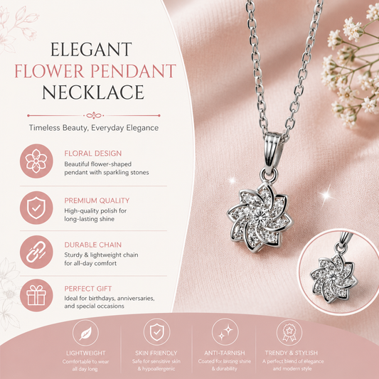 Bloom Crystal Flower Pendant Necklace – Elegant Silver-Tone Jewelry for Women