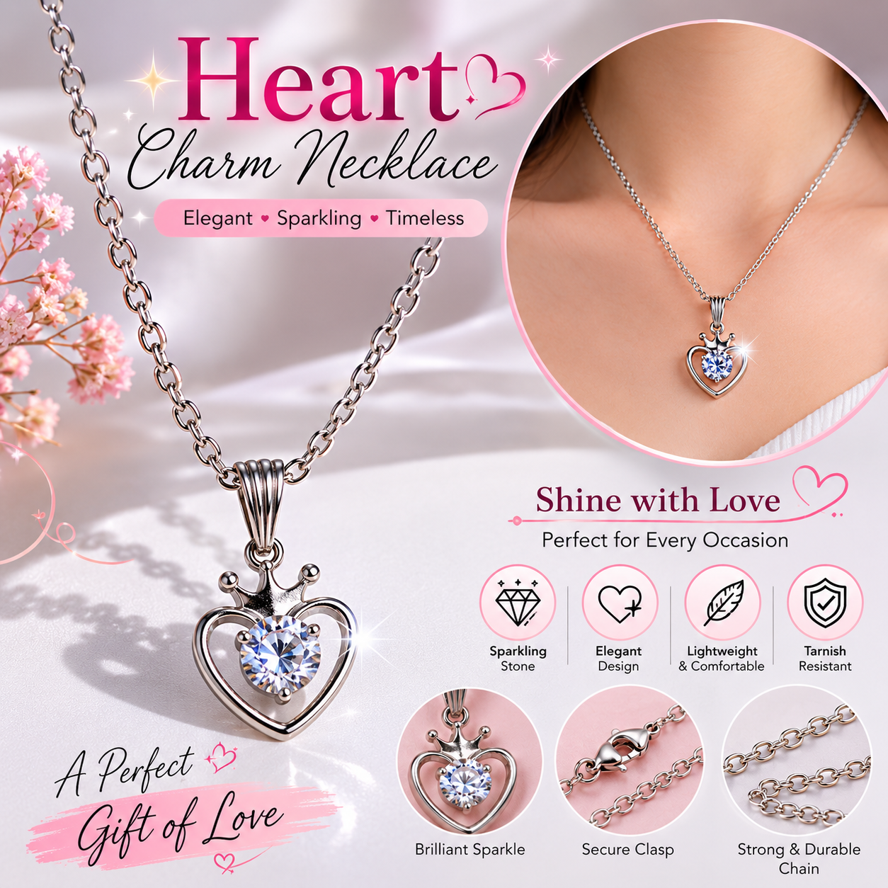 Crowned Heart Crystal Pendant Necklace – Elegant Silver-Tone Charm for Women