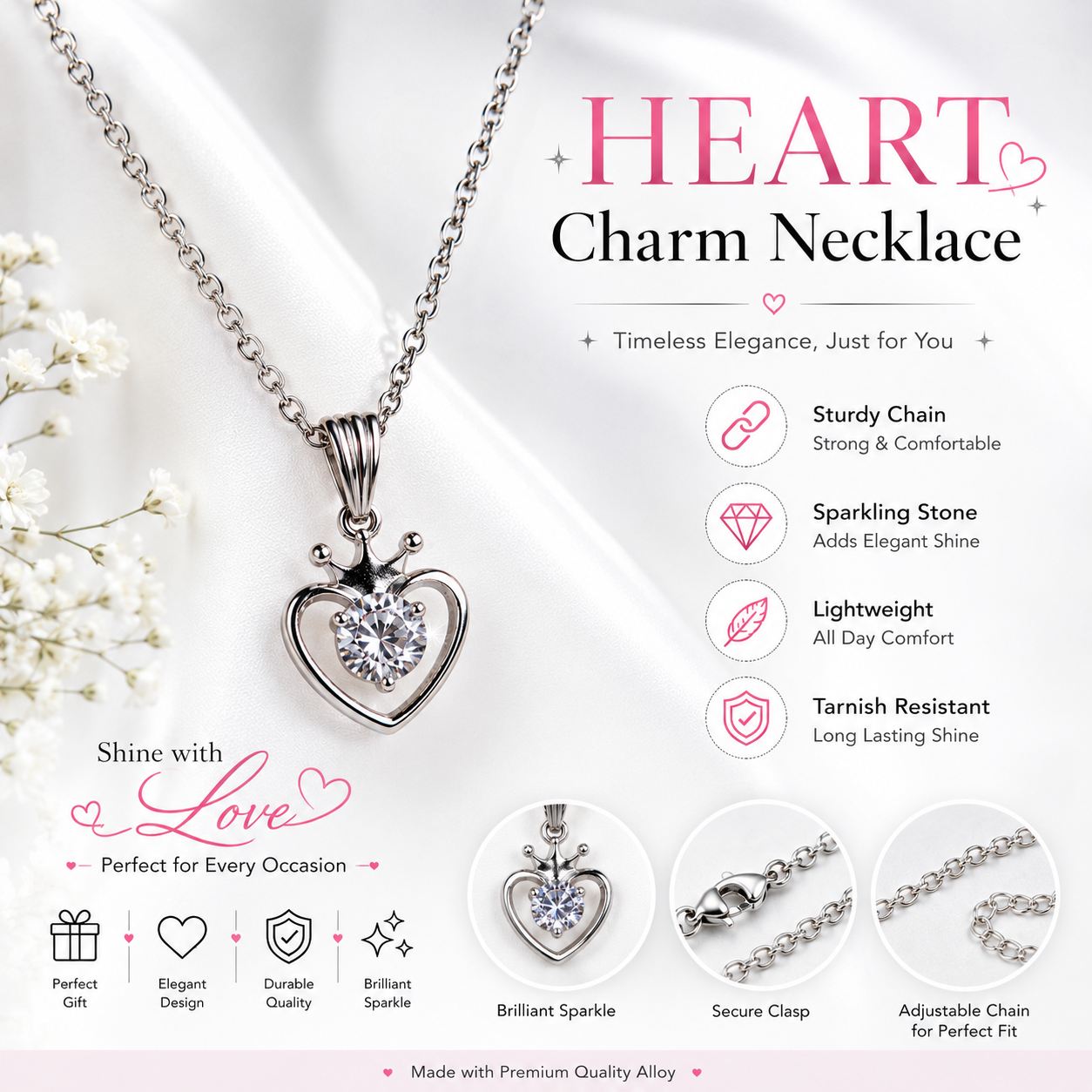 Crowned Heart Crystal Pendant Necklace – Elegant Silver-Tone Charm for Women