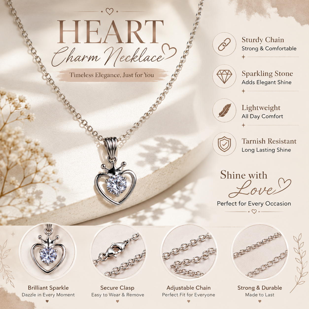 Crowned Heart Crystal Pendant Necklace – Elegant Silver-Tone Charm for Women
