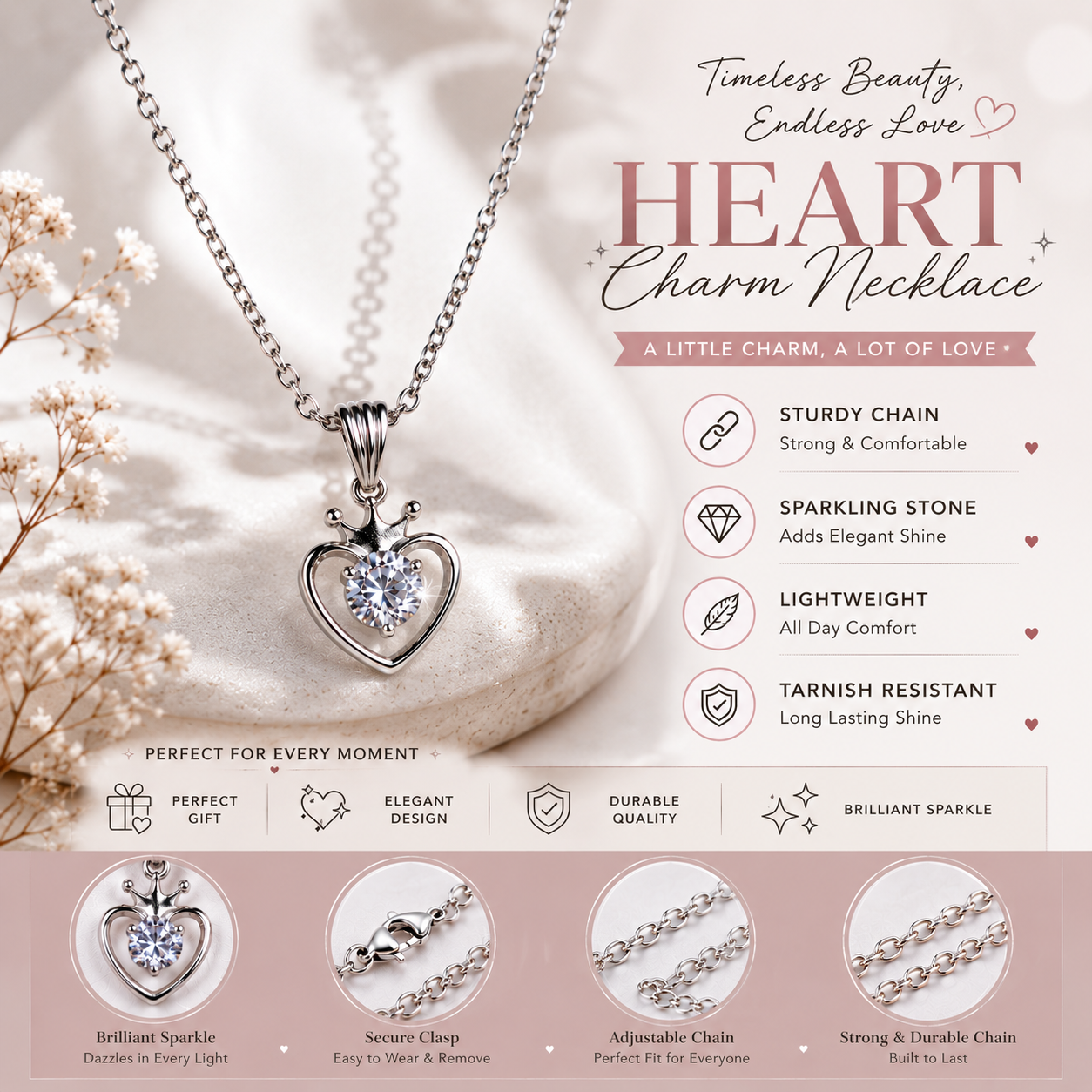 Crowned Heart Crystal Pendant Necklace – Elegant Silver-Tone Charm for Women