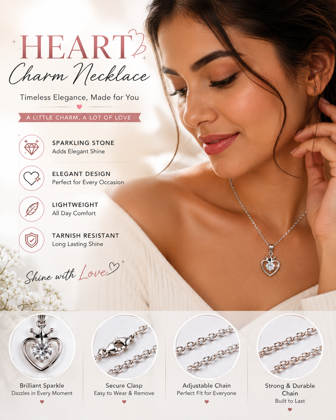 Crowned Heart Crystal Pendant Necklace – Elegant Silver-Tone Charm for Women