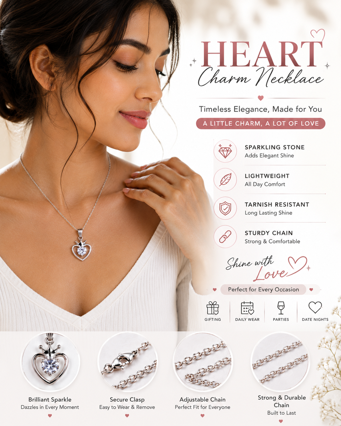 Crowned Heart Crystal Pendant Necklace – Elegant Silver-Tone Charm for Women