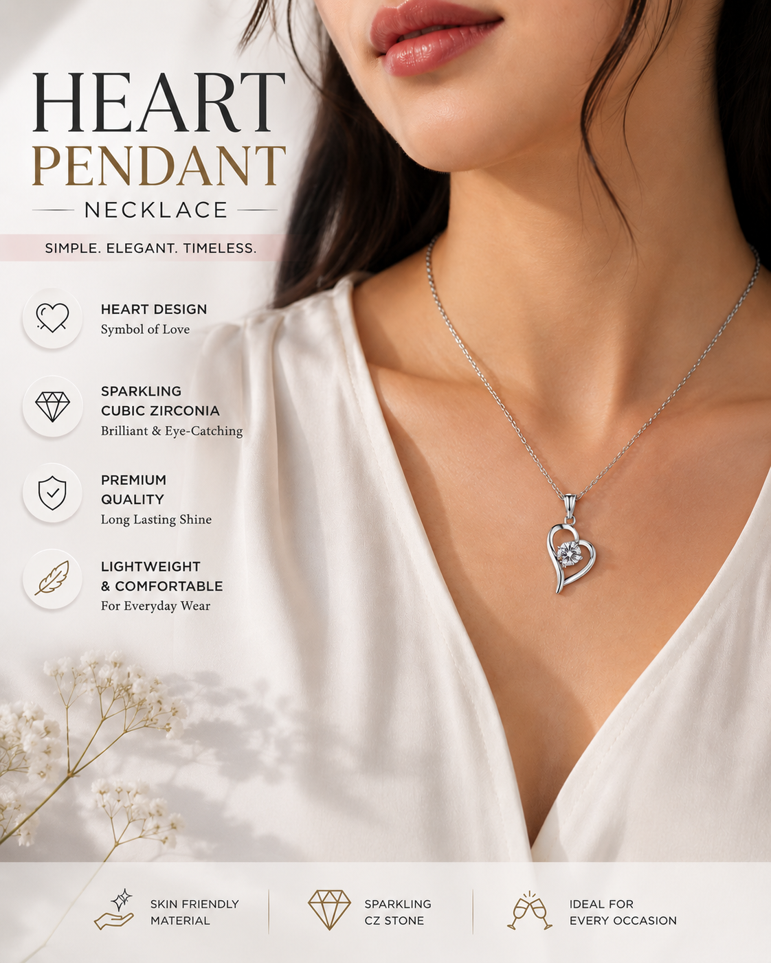 Elegant Heart Pendant Necklace for Women – Sparkling Crystal Stone Silver Chain | Minimalist Everyday Jewelry Gift