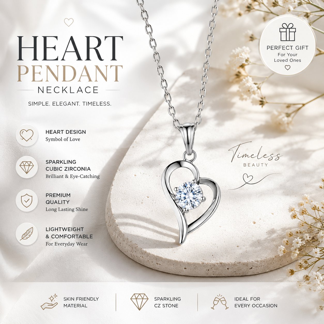 Elegant Heart Pendant Necklace for Women – Sparkling Crystal Stone Silver Chain | Minimalist Everyday Jewelry Gift