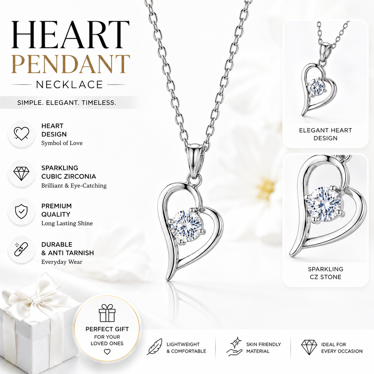 Elegant Heart Pendant Necklace for Women – Sparkling Crystal Stone Silver Chain | Minimalist Everyday Jewelry Gift