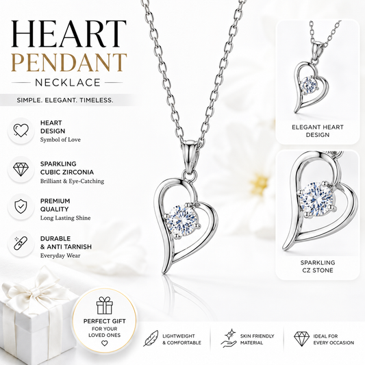 Elegant Heart Pendant Necklace for Women – Sparkling Crystal Stone Silver Chain | Minimalist Everyday Jewelry Gift