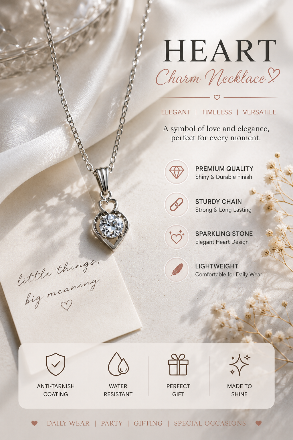 Silver Heart Crystal Pendant Necklace for Women & Girls | Elegant Daily Wear Fashion Jewelry Gift