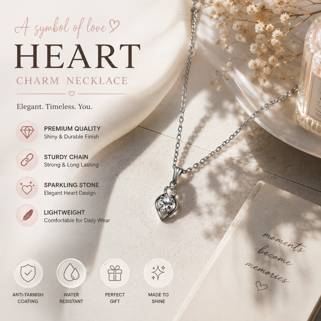 Silver Heart Crystal Pendant Necklace for Women & Girls | Elegant Daily Wear Fashion Jewelry Gift