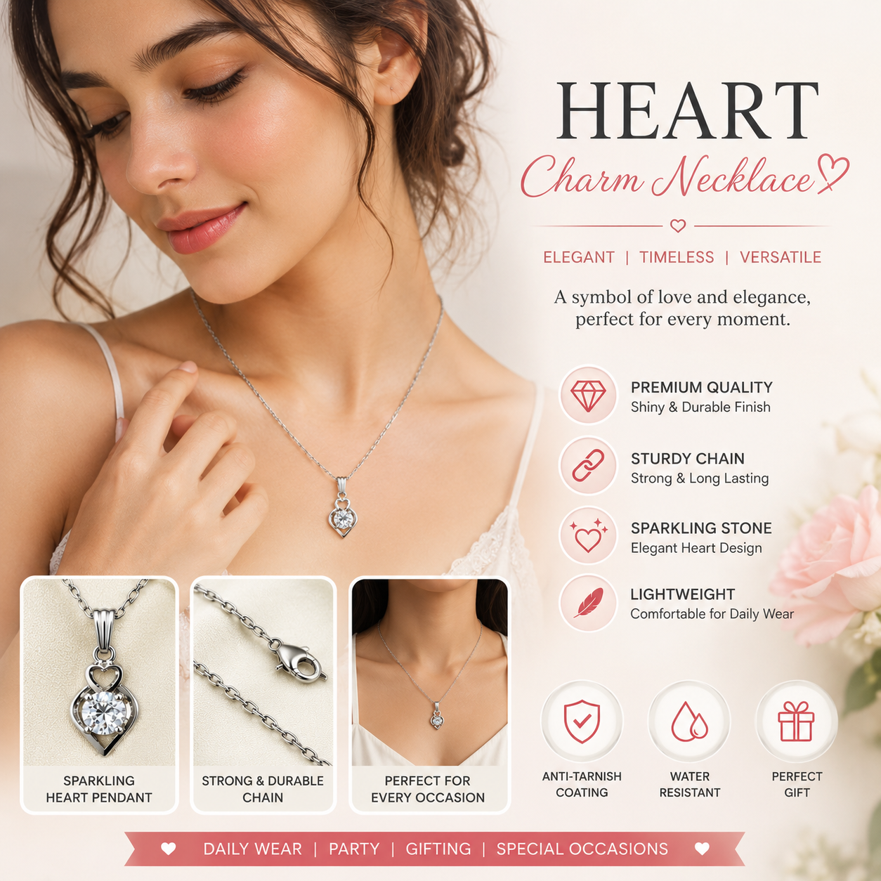 Silver Heart Crystal Pendant Necklace for Women & Girls | Elegant Daily Wear Fashion Jewelry Gift