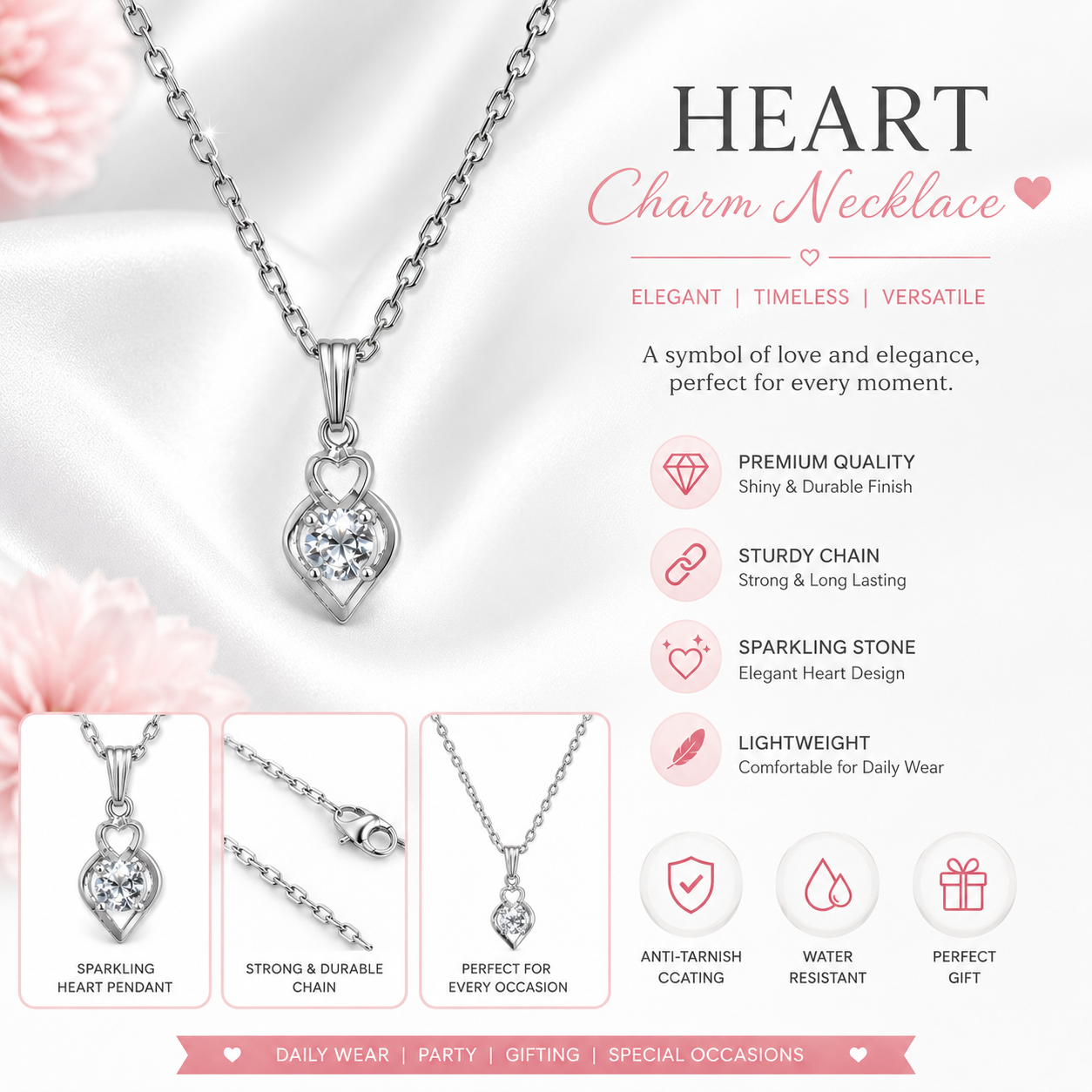 Silver Heart Crystal Pendant Necklace for Women & Girls | Elegant Daily Wear Fashion Jewelry Gift
