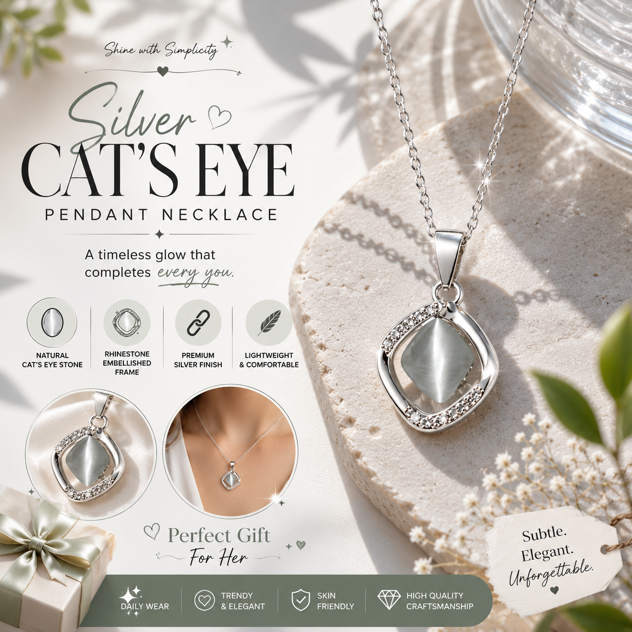 Silver Cat Eye Pendant Necklace for Women – Elegant Crystal Charm Jewelry