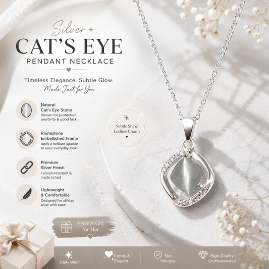 Silver Cat Eye Pendant Necklace for Women – Elegant Crystal Charm Jewelry
