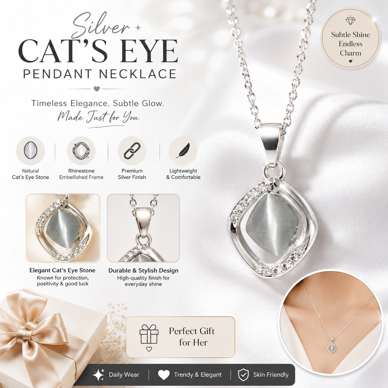 Silver Cat Eye Pendant Necklace for Women – Elegant Crystal Charm Jewelry