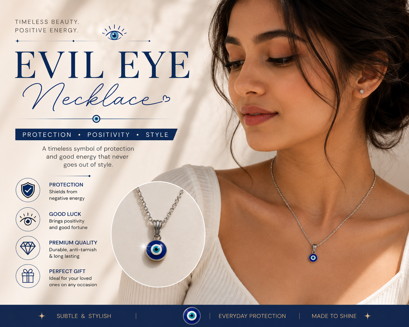 Silver Evil Eye Necklace for Women & Girls | Minimalist Blue Eye Pendant Chain | Protection Charm Jewelry