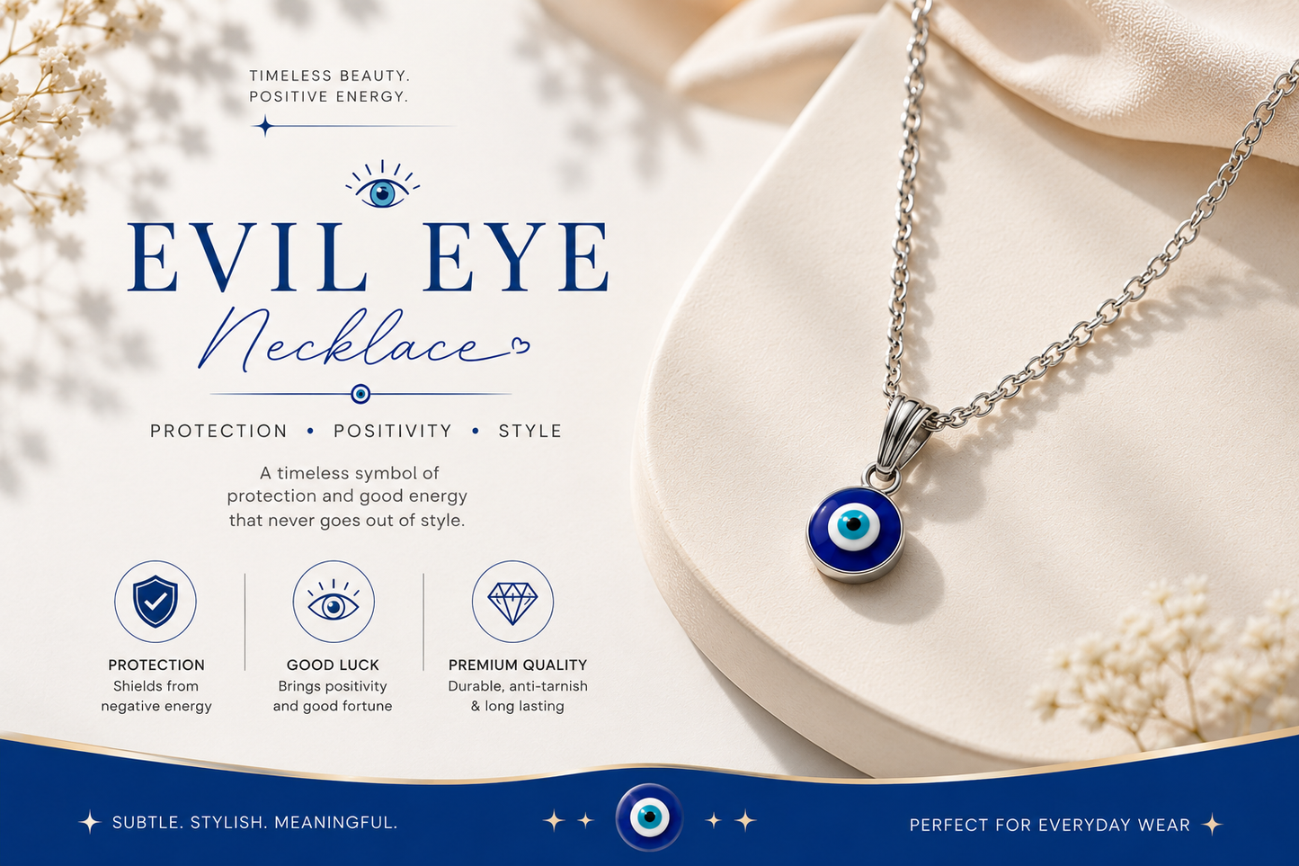 Silver Evil Eye Necklace for Women & Girls | Minimalist Blue Eye Pendant Chain | Protection Charm Jewelry
