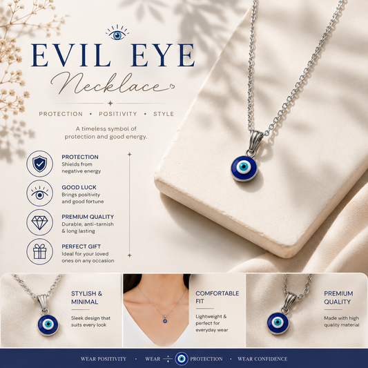 Silver Evil Eye Necklace for Women & Girls | Minimalist Blue Eye Pendant Chain | Protection Charm Jewelry