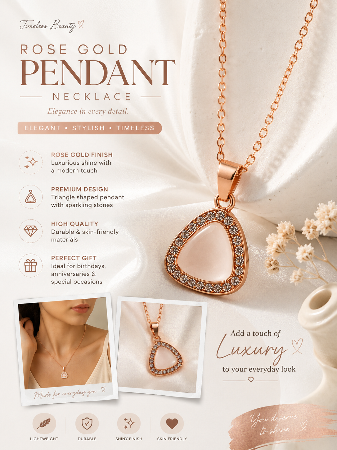 Rose Gold Triangle Crystal Pendant Necklace for Women – Elegant Geometric Stone Studded Fashion Jewelry Gift