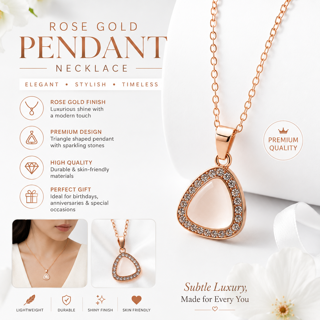 Rose Gold Triangle Crystal Pendant Necklace for Women – Elegant Geometric Stone Studded Fashion Jewelry Gift